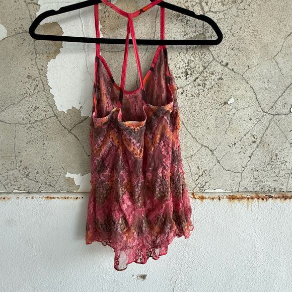 Y2K Lace Ruffle Tank Top Pink Orange Brown Sheer Festival Size S - Picture 4 of 5